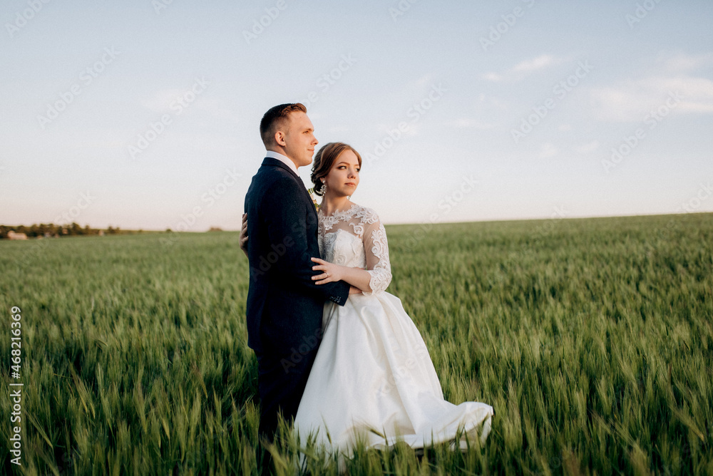 the groom and the bride walk along the wheat green field