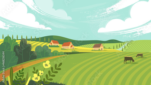Rural landscape with field  trees  grass and cows. Ecologically clean area with blue sky and clouds. Village in the summer. Vector stock flat style illustration or background for eco products  banner.