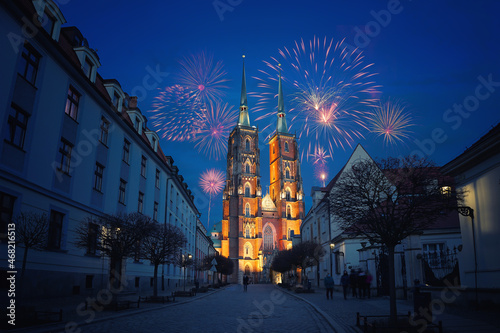 Fireworks in Wroclaw (Poland) during New Year celebration
