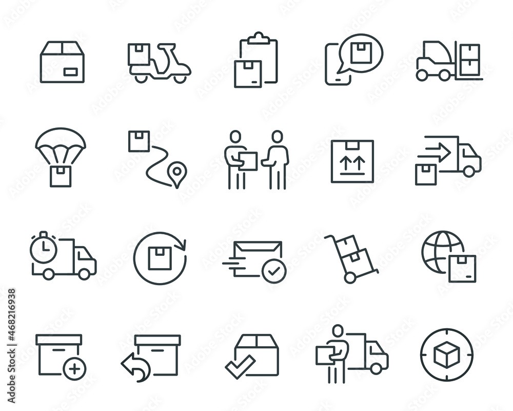 Shipping and Delivery icons set. Courier Delivery, Parcel Courier, Parcel Tracking, Returns, Letter Sending, Shipping Notification, Worldwide Shipping and others.