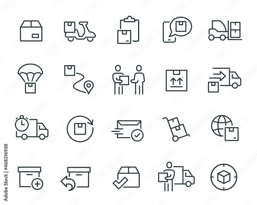Shipping and Delivery icons set. Courier Delivery, Parcel Courier, Parcel Tracking, Returns, Letter Sending, Shipping Notification, Worldwide Shipping and others. Shipping and Delivery icons set. Courier Delivery, Parcel Courier, Parcel Tracking, Returns, Letter Sending, Shipping Notification, Worldwide Shipping and others.