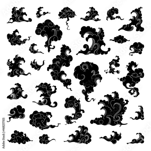 Collection of abstract monochrome illustrations of clouds of smoke and waves.