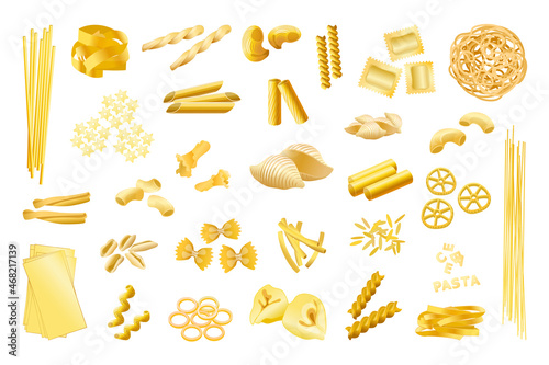 Collection of realistic pasta. Types of pasta, carbohydrate foods.