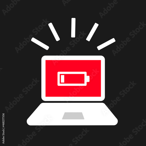 Warning alert - depleted, flat, empty and dead battery in the lapton, pc and personal computer. Electronic device without energy has red display and screen. Vector illustration.
