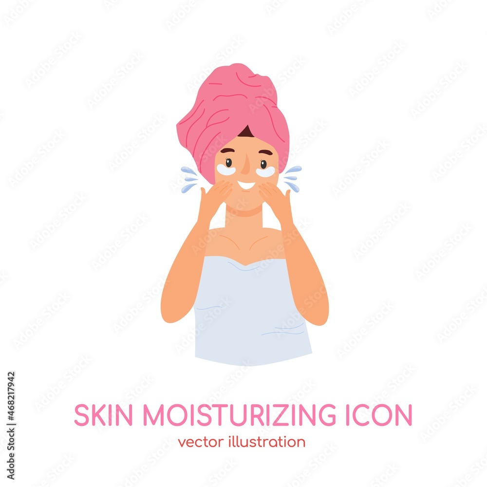 Skin moisturizing icon. Happy young girl in towel. Skincare, woman beauty routine. Vector illustration for cosmetics ad Skin moisturizing icon. Happy young girl in towel. Skincare, woman beauty routine. Vector illustration for cosmetics ad