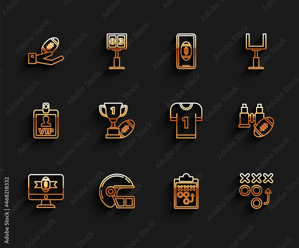 Set line American football on tv program, helmet, Football hand, Planning strategy concept, Award cup, Binoculars american and jersey icon. Vector Set line American football on tv program, helmet, Football hand, Planning strategy concept, Award cup, Binoculars american and jersey icon. Vector