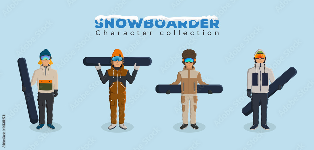 snowboarders characters collection. set character illustration of people dressed in winter clothing for extreme sport activity. cartoon style vector illustration