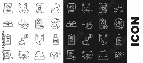 Set line Veterinary clinic symbol, Dog medicine bottle, Paw print, Bag of food for dog, Pet bowl cat, and Clipboard with medical clinical record pet icon. Vector