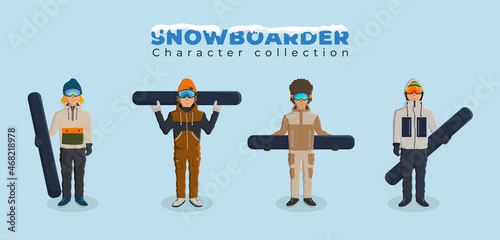 snowboarders characters collection. set character illustration of people dressed in winter clothing for extreme sport activity. cartoon style vector illustration