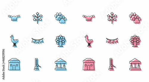 Set line Circus tent, High striker attraction with big hammer, Jester hat bells, Attraction carousel, Carnival garland flags, Ferris wheel, Riding kid duck and Fireworks icon. Vector