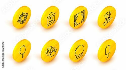 Set line Ice cream, Magic ball, Paw print, Cotton candy, Hand holding playing cards, Curtain, Ticket box office and Target sport for shooting competition icon. Vector