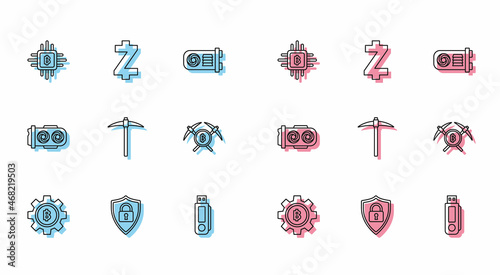 Set line Cryptocurrency coin Bitcoin, Shield security with lock, CPU mining farm, USB flash drive, Pickaxe, Crossed pickaxe, Mining and Zcash ZEC icon. Vector