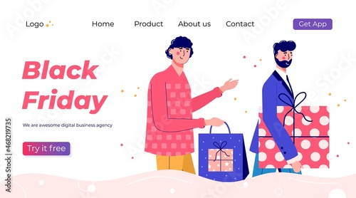 Black Friday landing page template. Promotion of online shop loyalty program, bonus or reward. Modern flat vector illustration for advertisement. Seasonal discount website sale banner with people