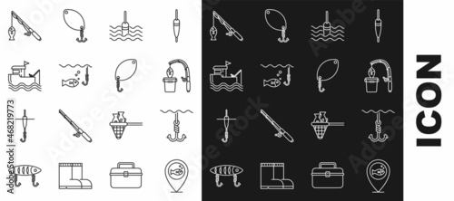 Set line Location fishing, Fishing hook under water, rod and, float, with, boat, and spoon icon. Vector