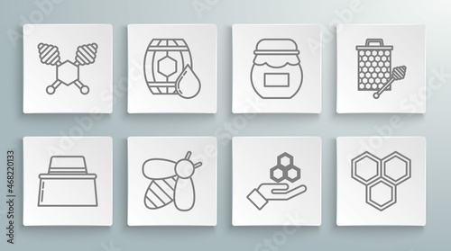Set line Beekeeper with protect hat, Wooden barrel honey, Honeycomb and hand, Jar of, dipper stickicon and icon. Vector