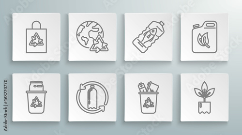 Set line Recycle bin with recycle symbol and can, Planet earth recycling, Recycling plastic bottle, Plant, Stop ocean pollution, Bio fuel canister and Plastic bag icon. Vector