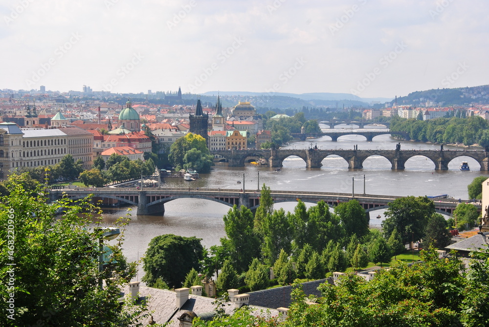 Scenic view of bridges on the Vltava river and of the historical center of Prague: