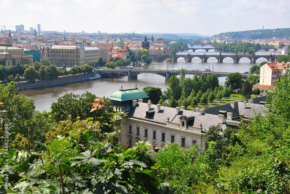 Scenic view of bridges on the Vltava river and of the historical center of Prague: