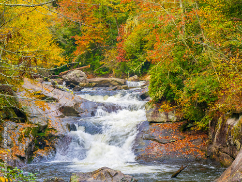 Fall color around small waterfals in the Cullasaja River in Nantahala National Forest between Franklin and Highlands North Carolina USA photo