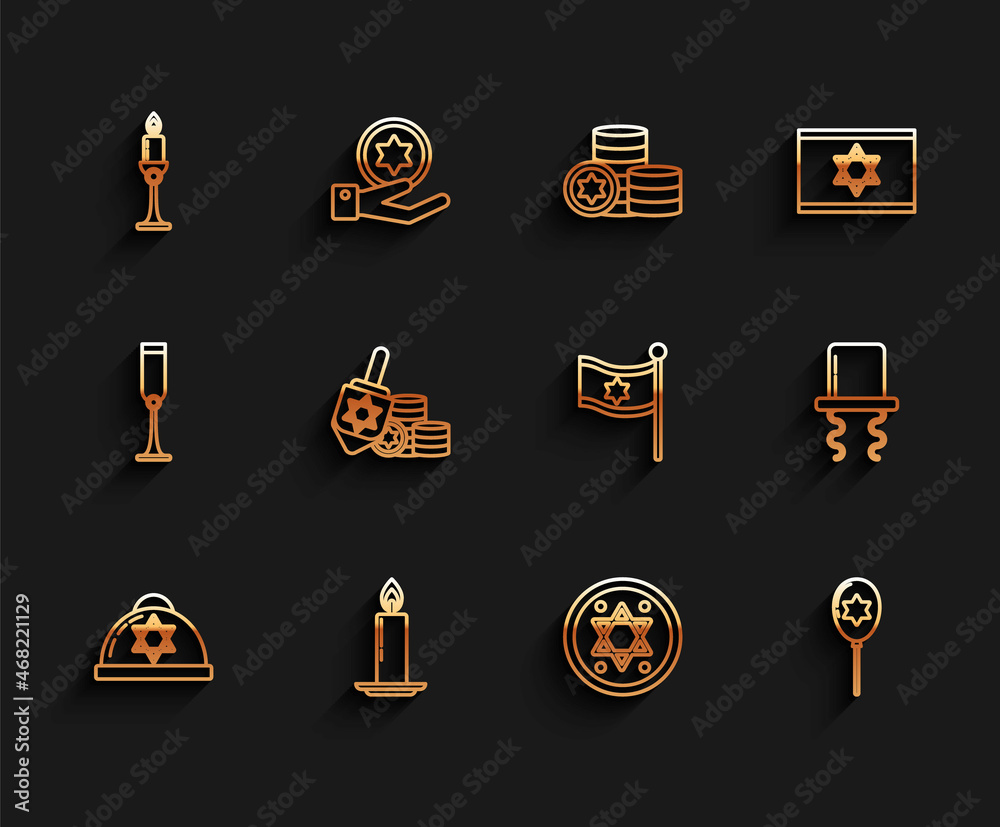 Set line Jewish kippah with star of david, Burning candle in candlestick, coin, Balloons ribbon, Hanukkah dreidel, Orthodox jewish hat sidelocks and Flag Israel icon. Vector Set line Jewish kippah with star of david, Burning candle in candlestick, coin, Balloons ribbon, Hanukkah dreidel, Orthodox jewish hat sidelocks and Flag Israel icon. Vector