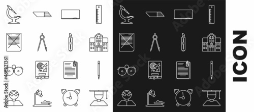 Set line Graduate and graduation cap, Pencil with eraser, School building, Chalkboard, Drawing compass, Exam paper incorrect answers survey, Microscope and Stationery knife icon. Vector