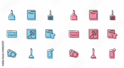 Set line Washing dishes, Toilet plunger, Dustpan, Plastic bottles for liquid dishwashing liquid, Squeegee, scraper, wiper, Washer and t-shirt, Towel stack and icon. Vector