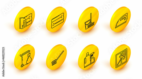 Set line Squeegee, scraper, wiper, Plastic bottles for liquid dishwashing liquid, Toilet brush, Trash can, Electric iron, Mop and bucket, Towel stack and towel icon. Vector