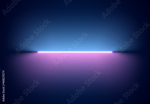 Neon illumination background. Abstract 80s or synthwave styled backdrop with blue and purple lamp on the wallpaper. photo