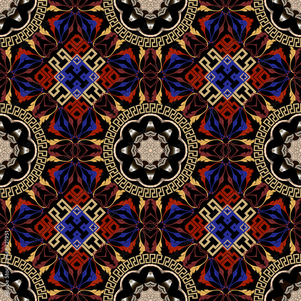 Greek seamless pattern. Colorful floral vector background. Modern geometric abstract ornament. Repeat backdrop. Greek key, meanders, shapes, round mandalas, rhombus, circles. Vintage flowers, leaves