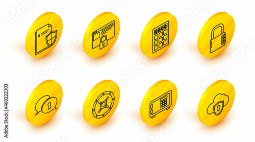 Set line Cloud and shield, Safe, Protection of personal data, combination lock, Password protection safety access, Secure your site with HTTPS, SSL and Document concept icon. Vector