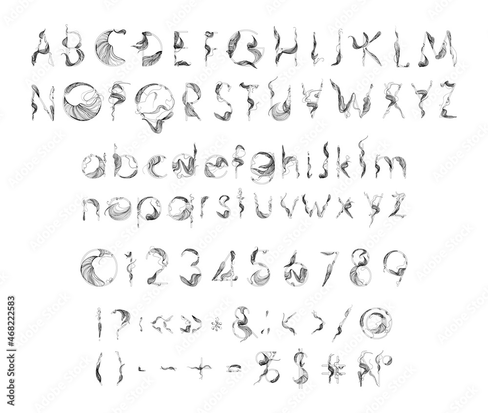 A set of letters, numbers and punctuation marks from threads. Abstract font.