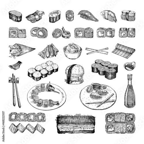 Collection of monochrome illustrations of asian food in sketch style. Hand drawings in art ink style. Black and white graphics.
