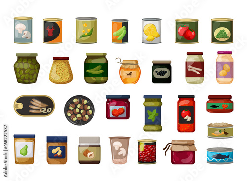 Collection of canned food and pickles in a detailed style.