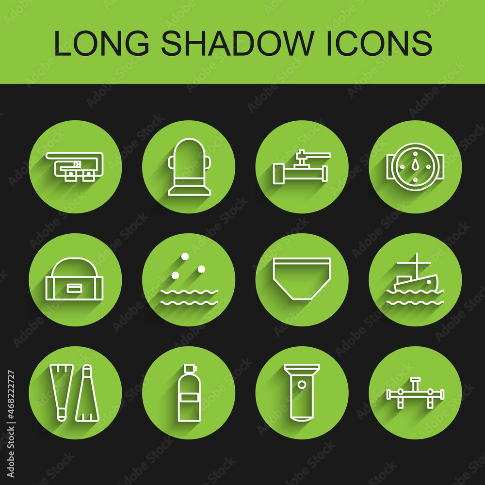 Set line Rubber flippers for swimming, Aqualung, Diving belt, Flashlight, Manifold, Cold and waves, Fishing boat on water and Swimming trunks icon. Vector Set line Rubber flippers for swimming, Aqualung, Diving belt, Flashlight, Manifold, Cold and waves, Fishing boat on water and Swimming trunks icon. Vector