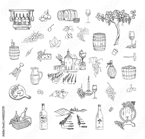 Collection of monochrome illustrations of wine production in sketch style. Hand drawings in art ink style. Black and white graphics.