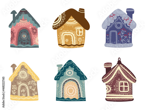 Collection of patterned houses. Illustrations with abstract ornaments.