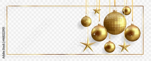 Gold christmas balls and stars with shadow isolated on transparent background.	