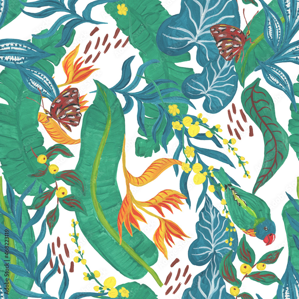 Obraz premium Gouache painting seamless pattern with abstract tropical flowers, leaves