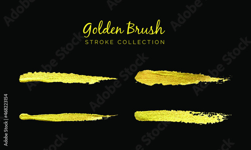 Golden brush stroke collection set on a black background or paintbrush