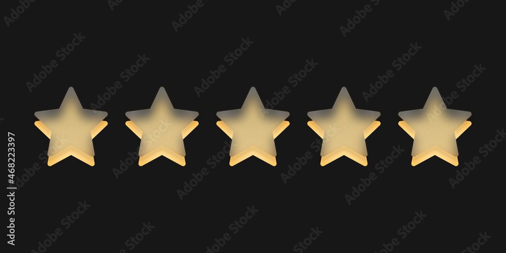 Pięć żółtych gwiazdek. Szklane gwiazdki wskazujące ocenę, recenzja produktu. Osiągnięcia w grze. Koncepcja oceny od klienta na temat pracownika albo strony internetowej. Do aplikacji mobilnych. - obrazy, fototapety, plakaty 