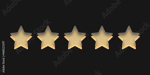 Pięć żółtych gwiazdek. Szklane gwiazdki wskazujące ocenę, recenzja produktu. Osiągnięcia w grze. Koncepcja oceny od klienta na temat pracownika albo strony internetowej. Do aplikacji mobilnych.