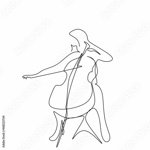 Continuous drawing with a single silhouette line of a woman playing the cello. A cellist in the minimalist style.