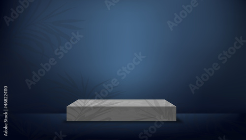 Studio room in dark blue background with 3D grey podium mock up,Luxury gallery room with stand and palm leaves on wall.Vector minimal design use for backdrop shooting for products for sale or Promote