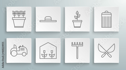 Set line Tractor, Worker hat, Home greenhouse and plants, Garden rake, Gardening handmade scissors, Plant pot, Trash can and Plants icon. Vector