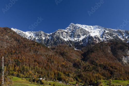 Churfirsten Mountains with Snow and Landscape at autumm in Walenstadt, Switzerland.