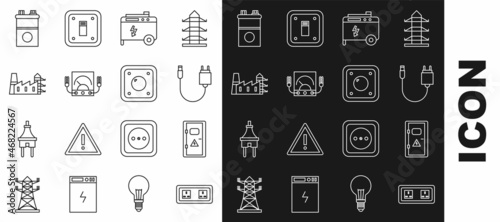Set line Electrical outlet, cabinet, Charger, Portable power electric generator, Ampere meter, multimeter, voltmeter, Power station plant and factory, Car battery and light switch icon. Vector