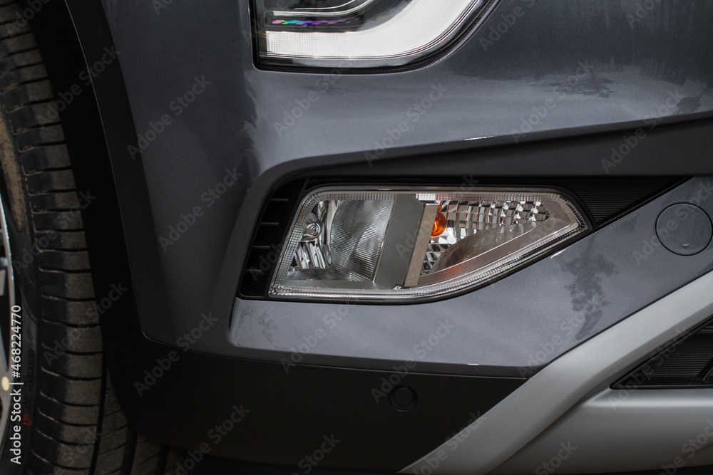 Modern SUV car fog light. Close up of modern led car fog light.