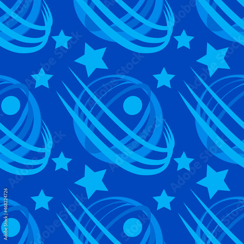 Seamless pattern, infinite texture on a square background - stylized space - satellite or planet and stars