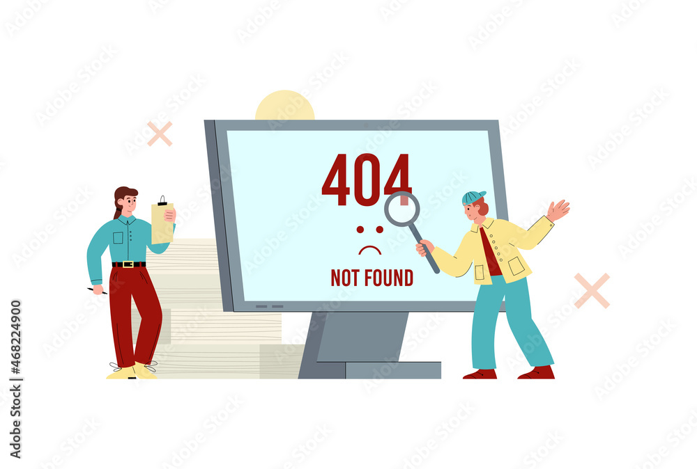 Website problem alert 404 page not found. Vector template of people around monitor showing system failure message Website problem alert 404 page not found. Vector template of people around monitor showing system failure message