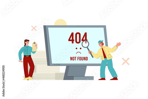 Website problem alert 404 page not found. Vector template of people around monitor showing system failure message
